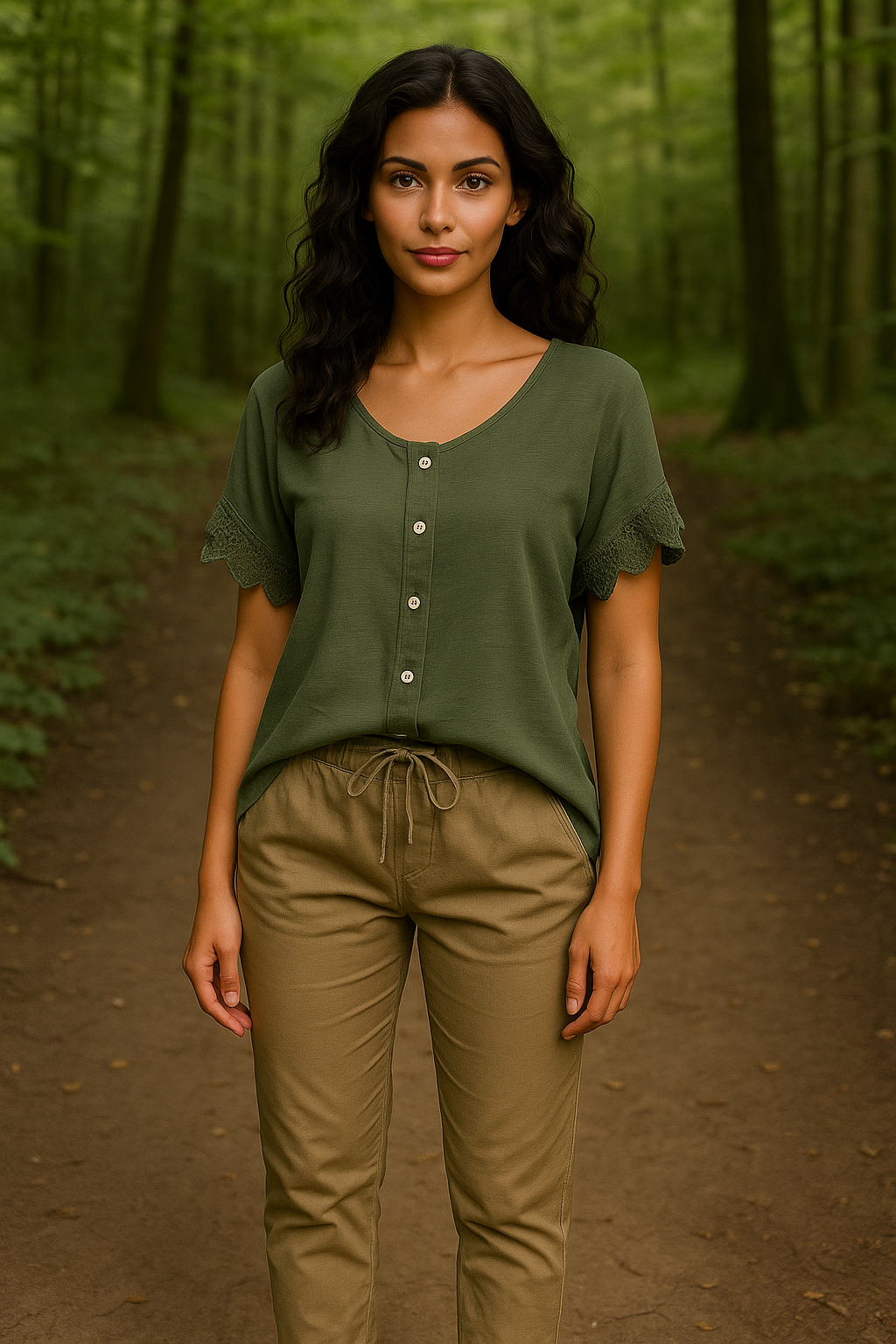 Bluse med blonde på ærmerne, armygrøn