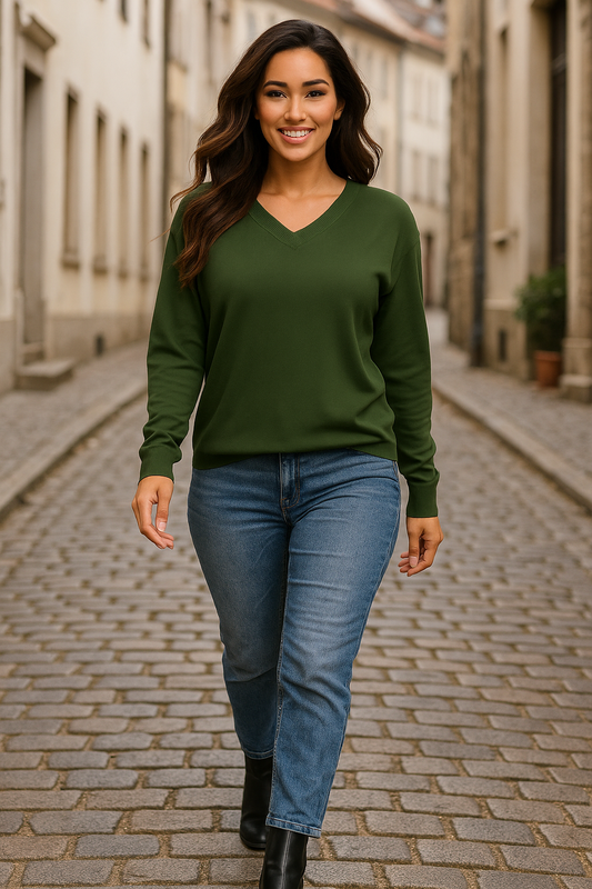 Bluse med v-hals, armygrøn