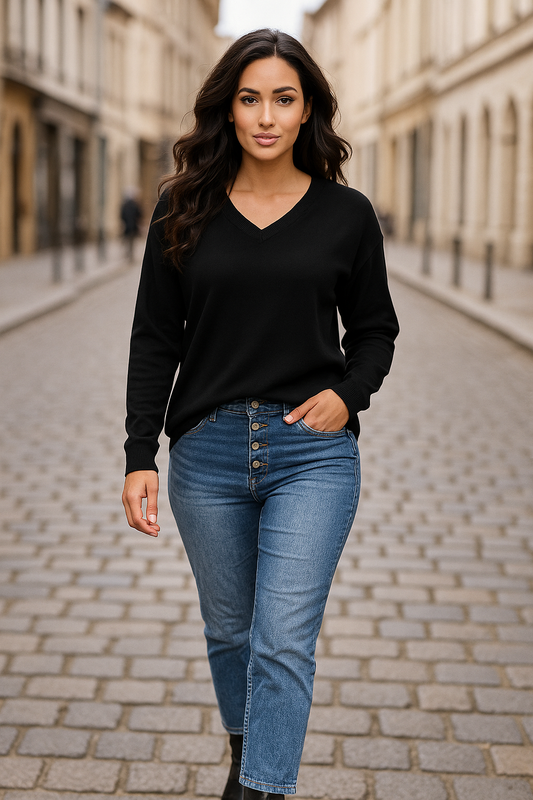 Bluse med v-hals, Sort