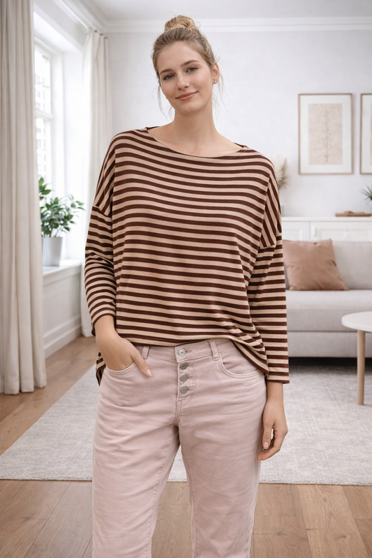 Stribet bluse i blød viskose, brun