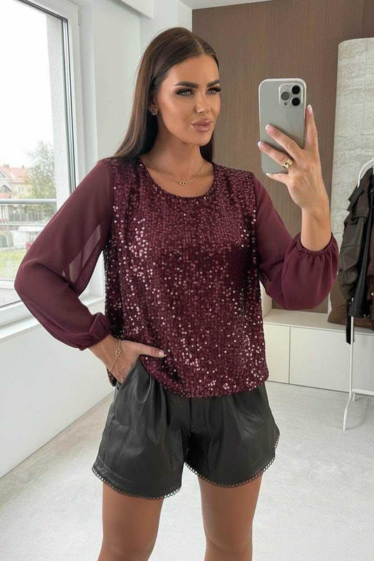 Bordeaux pailletbluse med chiffonærmer – elegant og festklar top