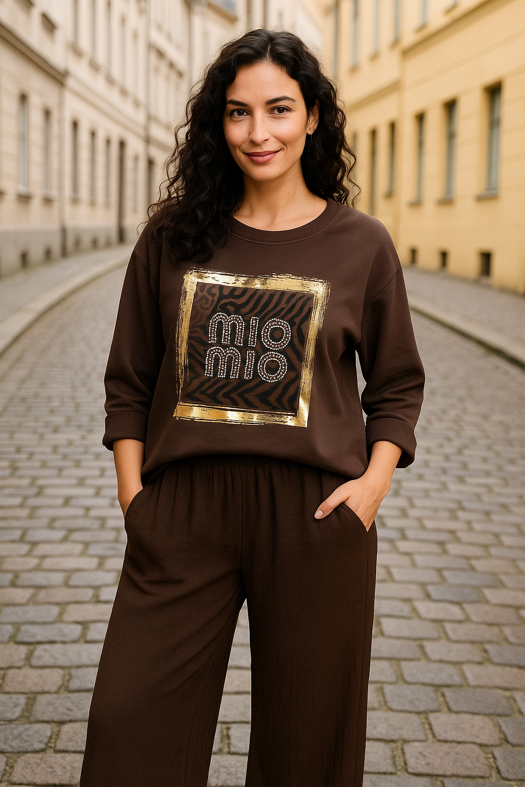Sweat shirt med print, brun